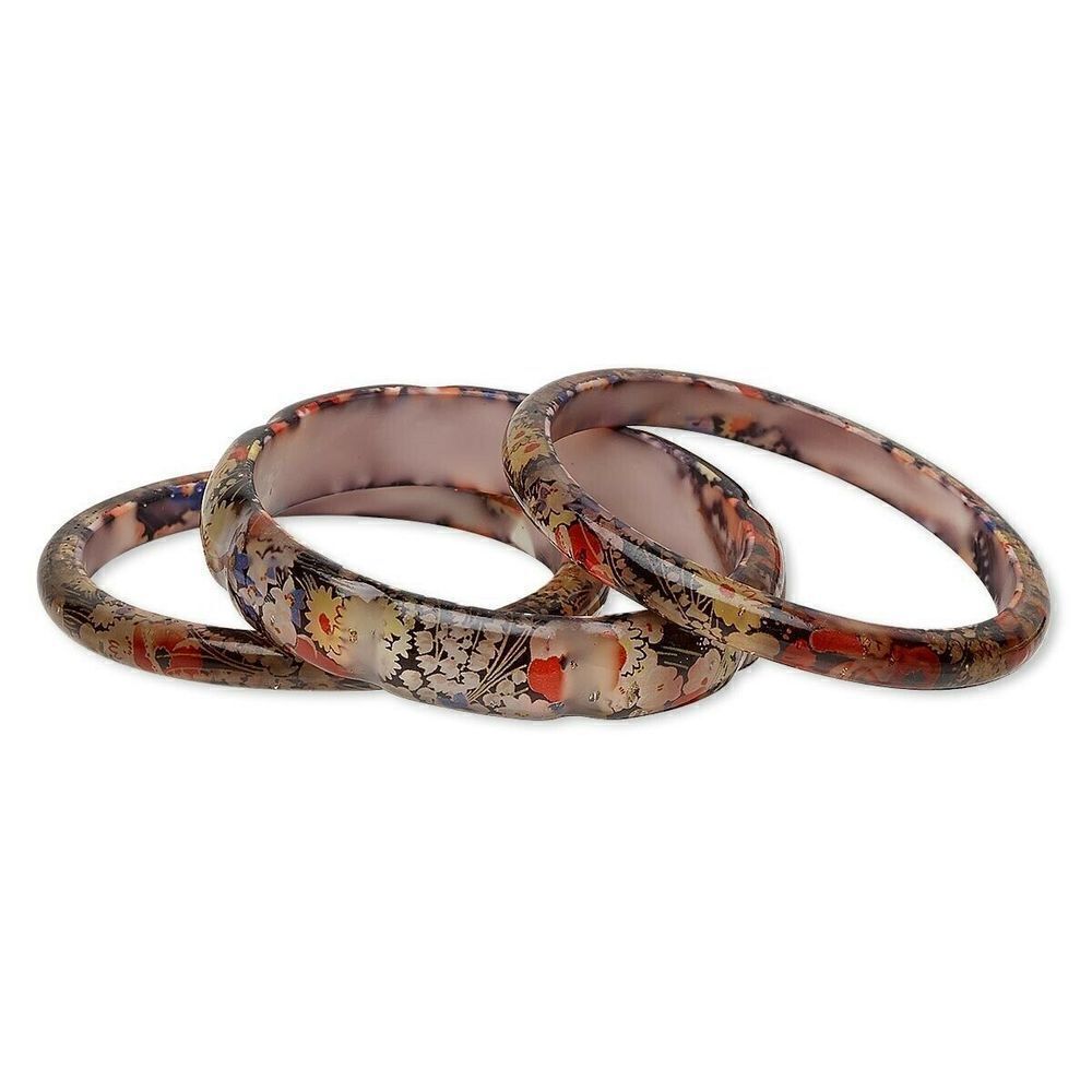 Wholesale Set 3 Lucite Decalcomania Acrylic Victorian Flowers Bangle Bracelets